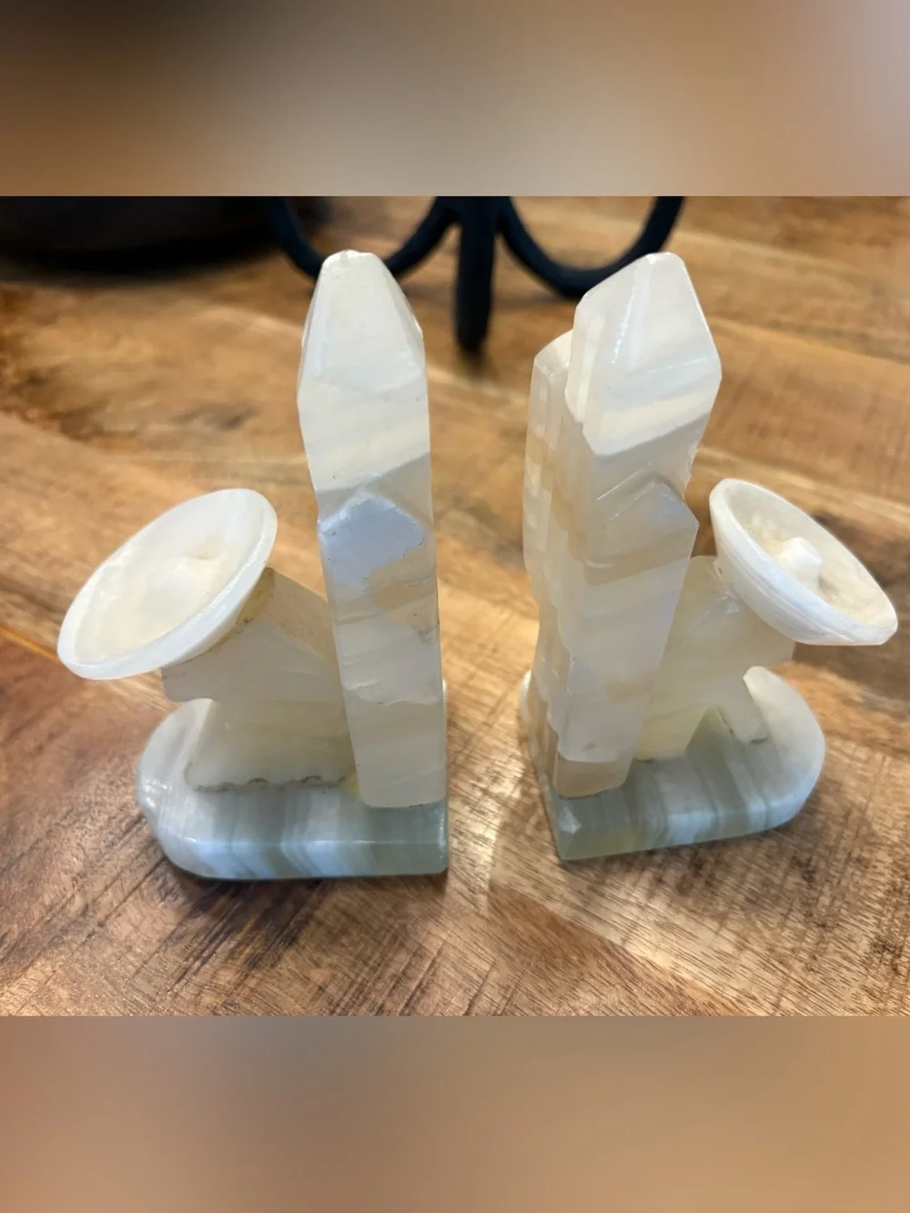 Polished White Onyx Decorative Obelisk Bookends - Neutral Home Accents